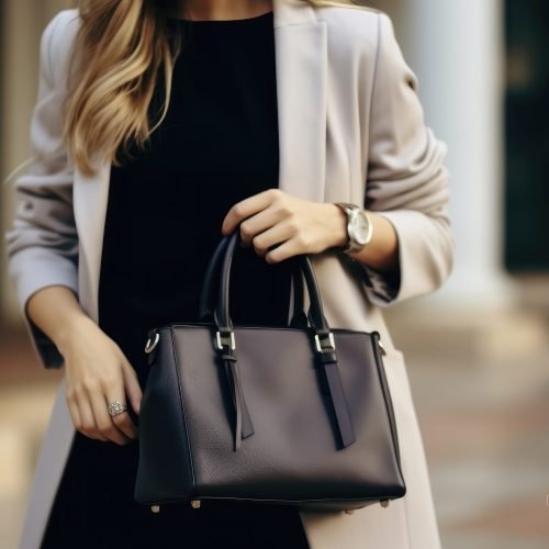 Autumn trendy outfit woman in stylish beige coat with black big bag.