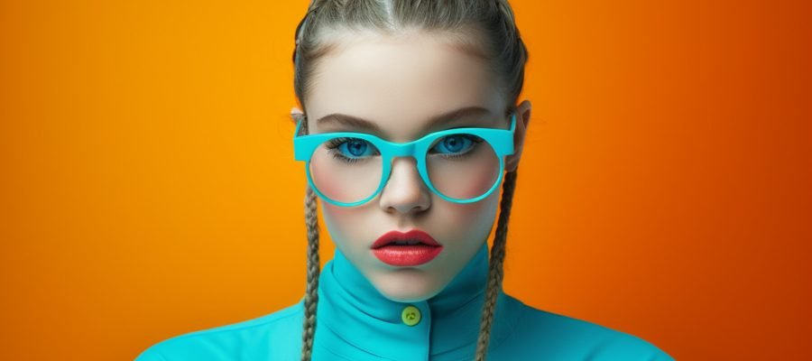 illustration of fashion young girl with braid and glasses is posing on a colorful background